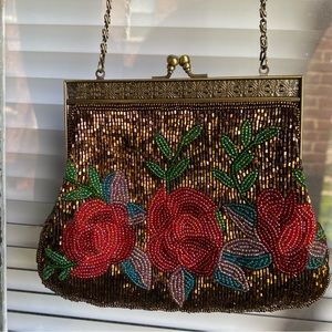 RARE Jessica McClintock Hand-Beaded Floral Purse w Satin Lining & Shoulder Chain
